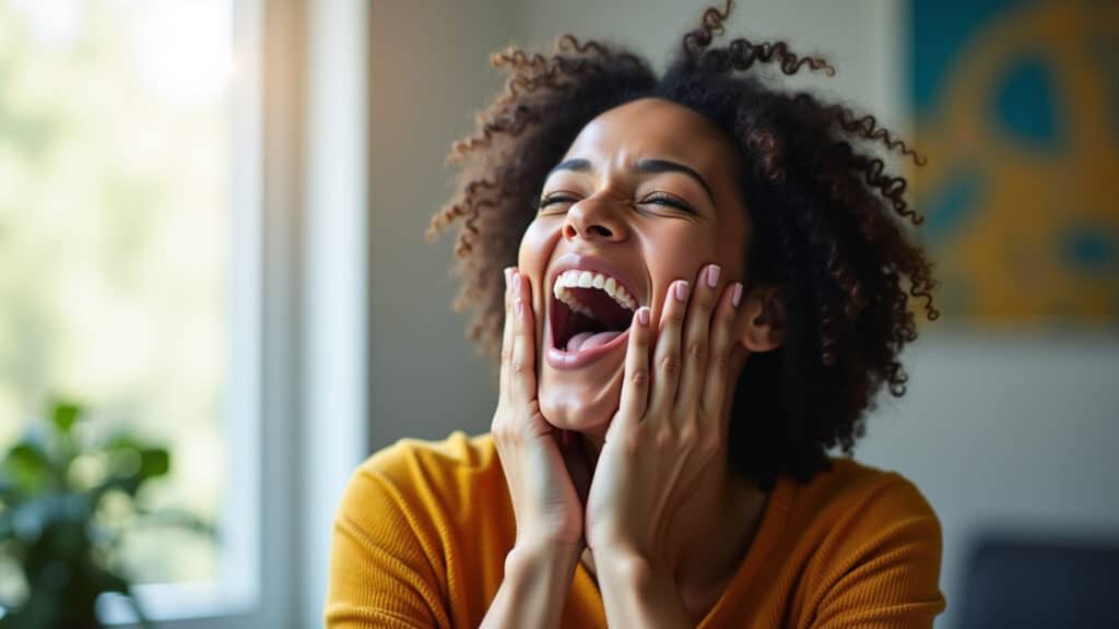 Mulher bocejando no escritório.