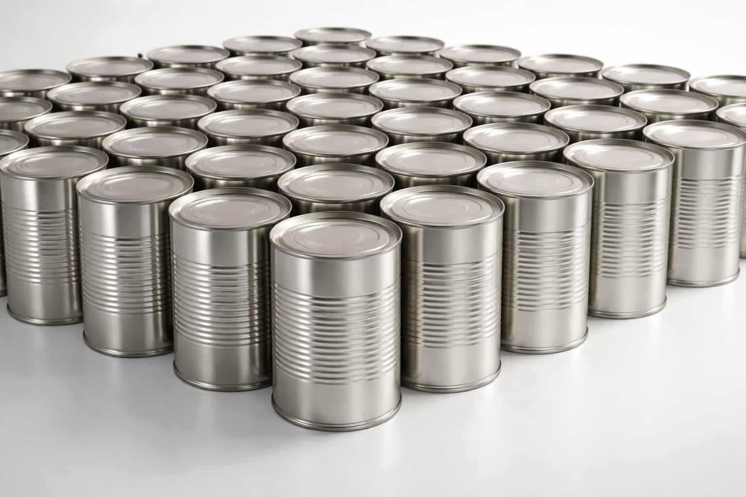 Conjunto organizado de latinhas metálicas de 1kg sobre uma superfície branca, sem texto ou rótulos visíveis.