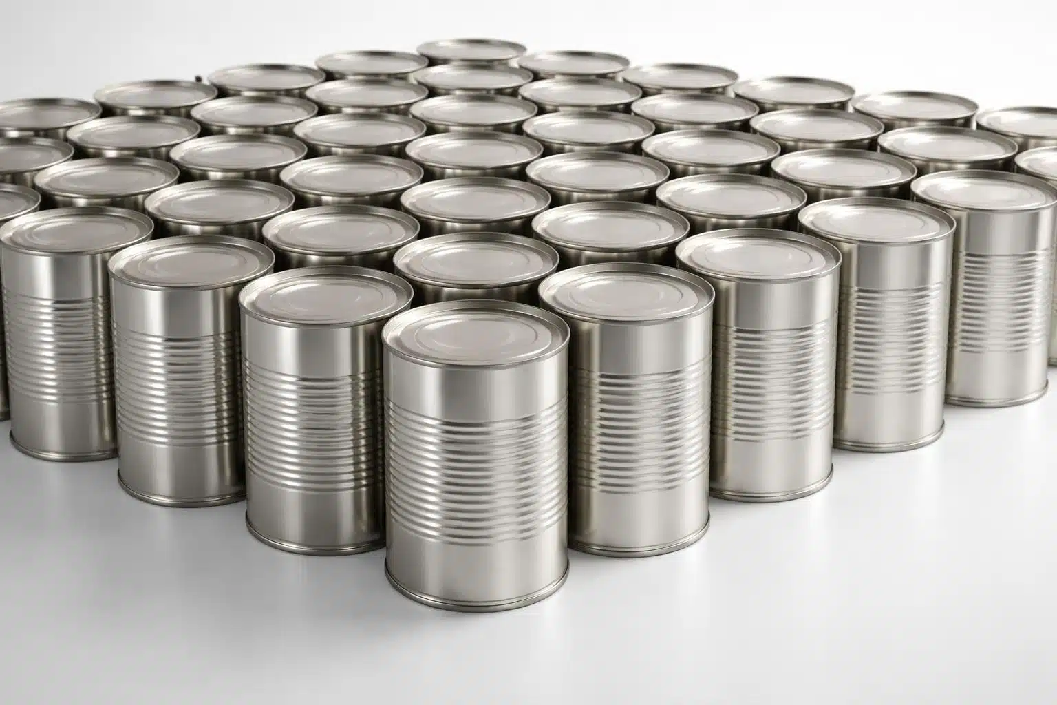 Conjunto organizado de latinhas metálicas de 1kg sobre uma superfície branca, sem texto ou rótulos visíveis.