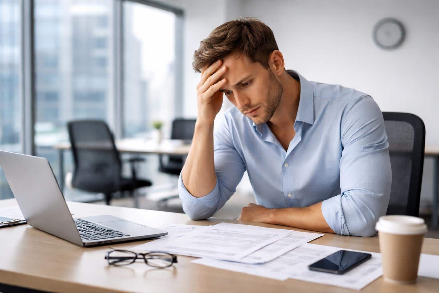 Homem jovem sentado sozinho em uma mesa de escritório, com expressão preocupada e papéis espalhados à sua frente.
