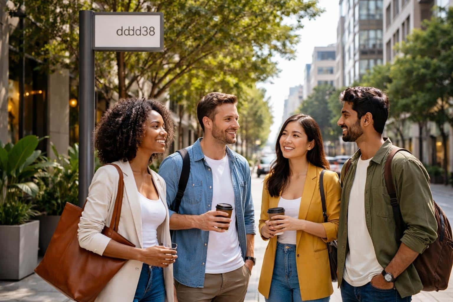 Pessoas conversando em uma calçada de bairro urbano moderno com prédios e árvores ao fundo.