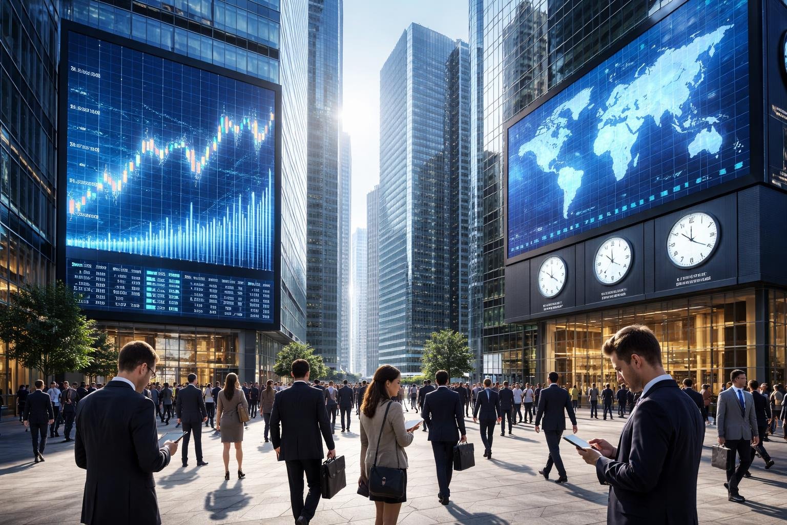Distrito financeiro urbano com prédios altos, telas digitais mostrando dados do mercado e pessoas caminhando em trajes de negócios.