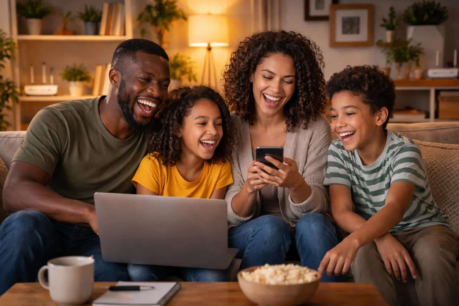 Família reunida na sala de estar, sorrindo e interagindo enquanto escolhem nomes engraçados para a rede WiFi.
