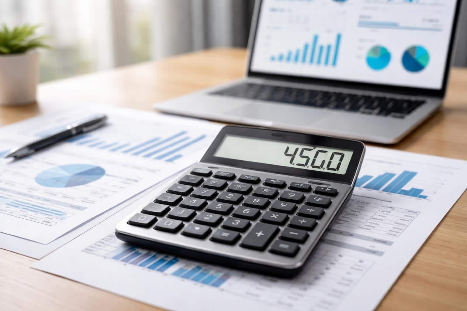 Mesa de escritório com calculadora mostrando o número 4500, documentos financeiros e laptop com gráficos.