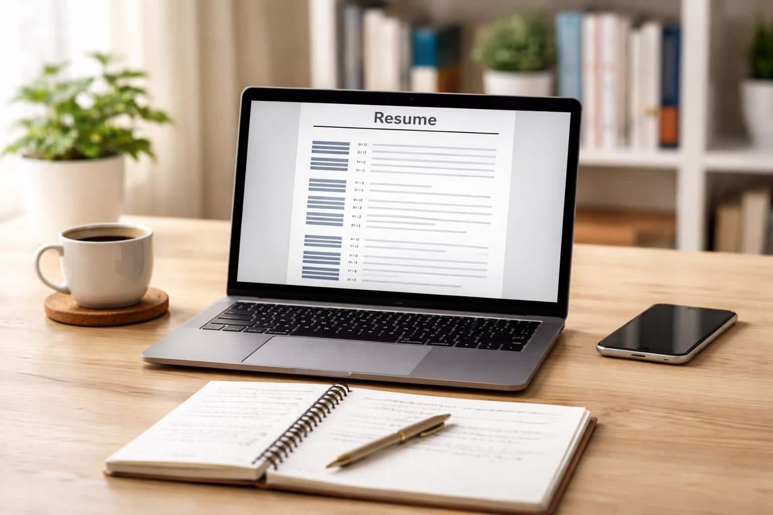 Mesa de trabalho organizada com laptop, caderno, caneta, xícara de café e planta, focada em desenvolvimento de carreira.
