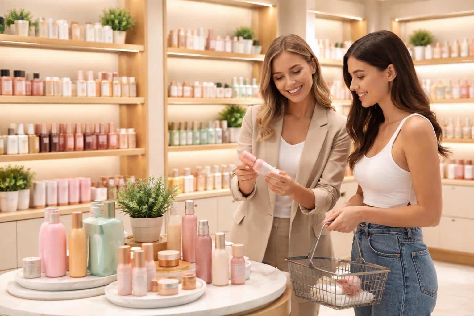 Interior de uma loja de cosméticos moderna com prateleiras organizadas e uma atendente ajudando um cliente.