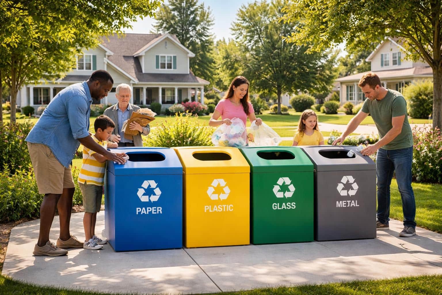Área de reciclagem perto de casas com pessoas separando materiais para reciclar em lixeiras coloridas.