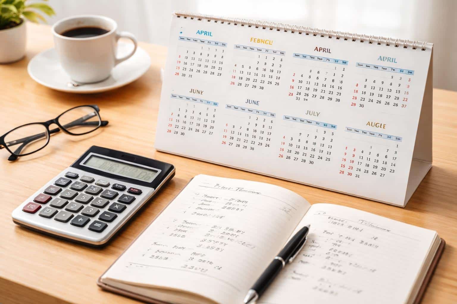 Mesa de trabalho com calendário aberto, calculadora, caderno com anotações, xícara de café e óculos, iluminada por luz natural.