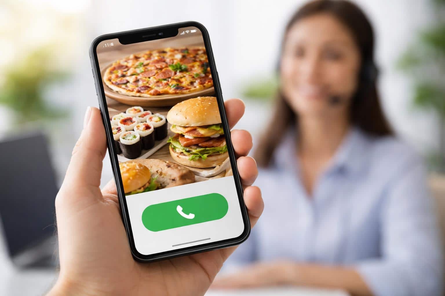 Pessoa segurando um smartphone com a tela mostrando um aplicativo de entrega de comida, com um atendente ao fundo em um ambiente claro e profissional.