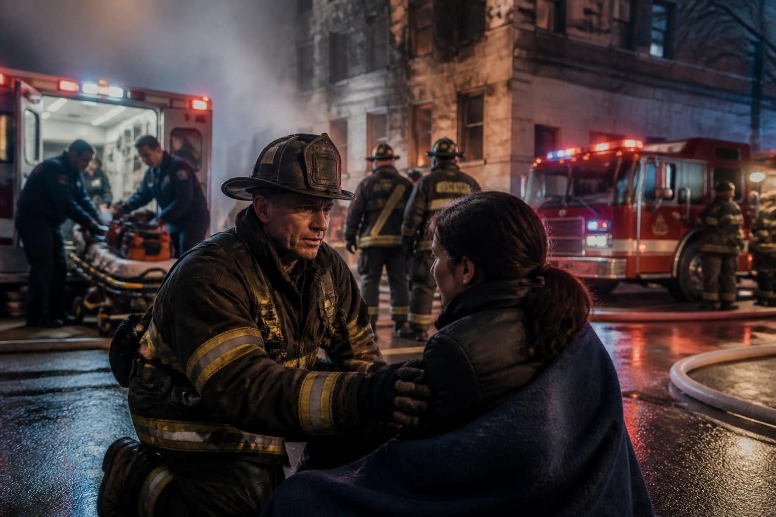 Bombeiros e paramédicos atendem uma emergência diante de um prédio danificado em uma rua de Chicago.